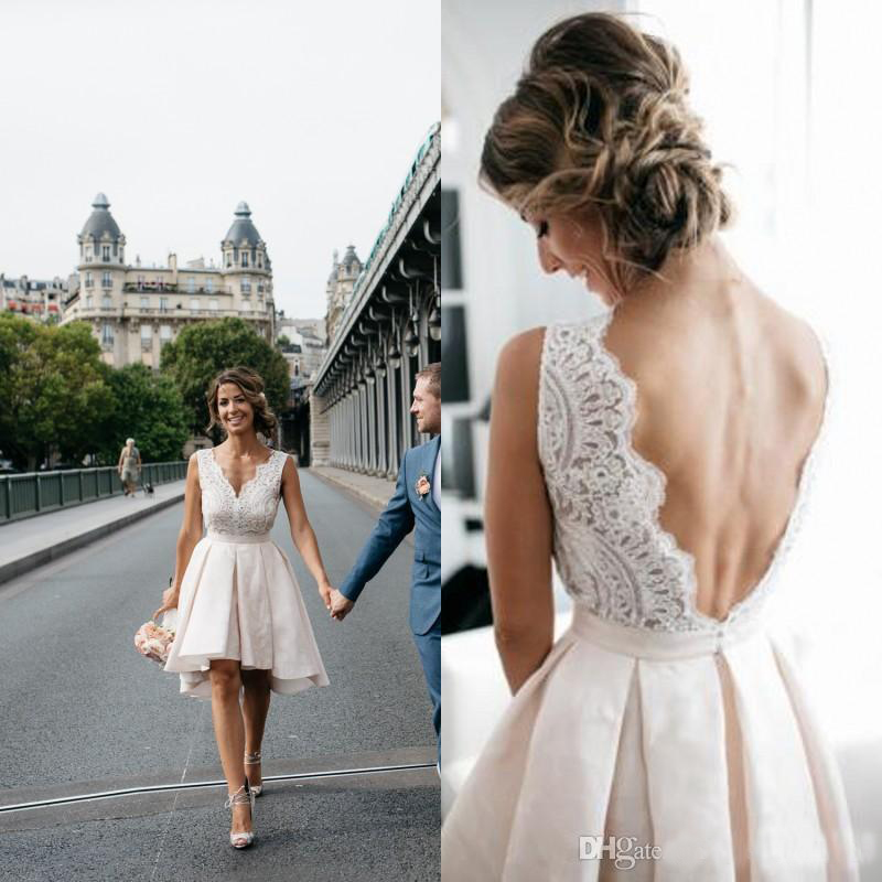 

A-line Short Wedding Dress Knee-length Lace Appliques Backless Bridal Gown Satin V-neck Wedding Dresses Custom Made, Ivory