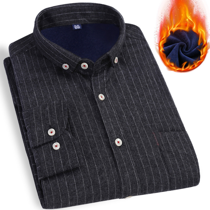 

High quality men' shirt Oxford cloth small striped long-sleeved plus velvet warm shirt casual loose 100% cotton men, Black