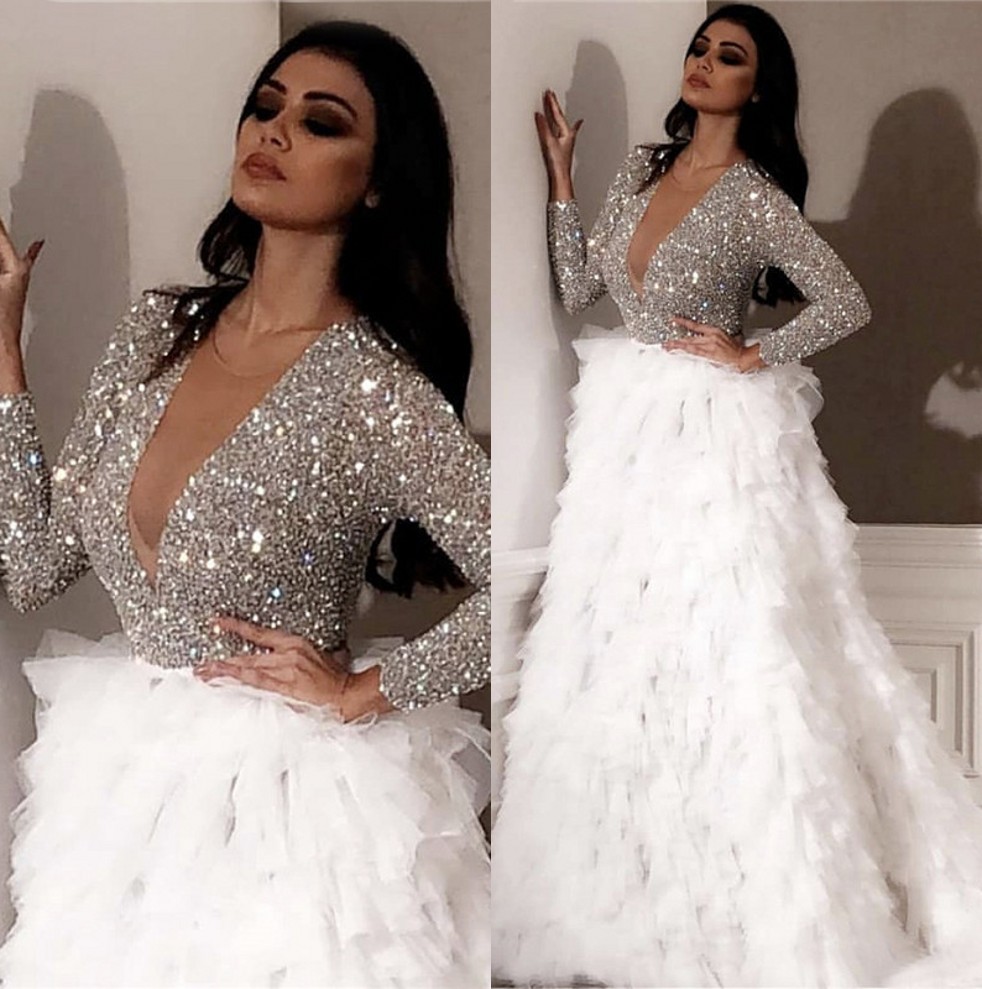 Arabisch Glitter lange Ärmel Abendkleider Naher Osten Tulle Layered Rüschen A-Linie Abendkleider formales Partei-Kleid robe de soire Arabisch Glitter lange Ärmel Abendkleider Naher Osten Tulle Layered Rüschen A-Linie Abendkleider formales Partei-Kleid robe de soire
