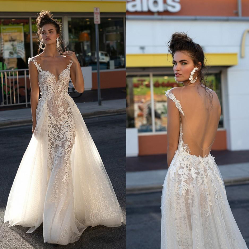 

2019 Berta Beach Wedding Dresses A-line Backless Lace Appliques Boho Wedding Gown Cap Sleeve Overskirt Tulle Summer Bridal Dress, Silver
