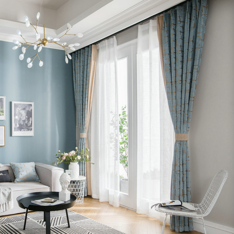 

Home Decoration Modern Geometric Window Curtains Chenille Jacquard 2 Colors Stitching Blackout Curtains for Living Room Bedroom, White tulle