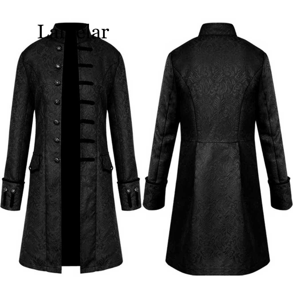 

Men Trench Coat Steampunk Jacket Medieval Costume Men Long Sleeve Gothic Brocade Jacket Frock Vintage Stand Collar Men' Coat, Black