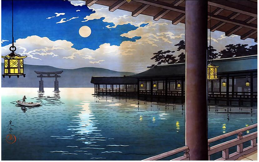 

WDBH 3d wallpaper custom photo Japanese style night garden lake landscape painting room Home decor 3d wall murals wallpaper for walls 3 d, Non-woven