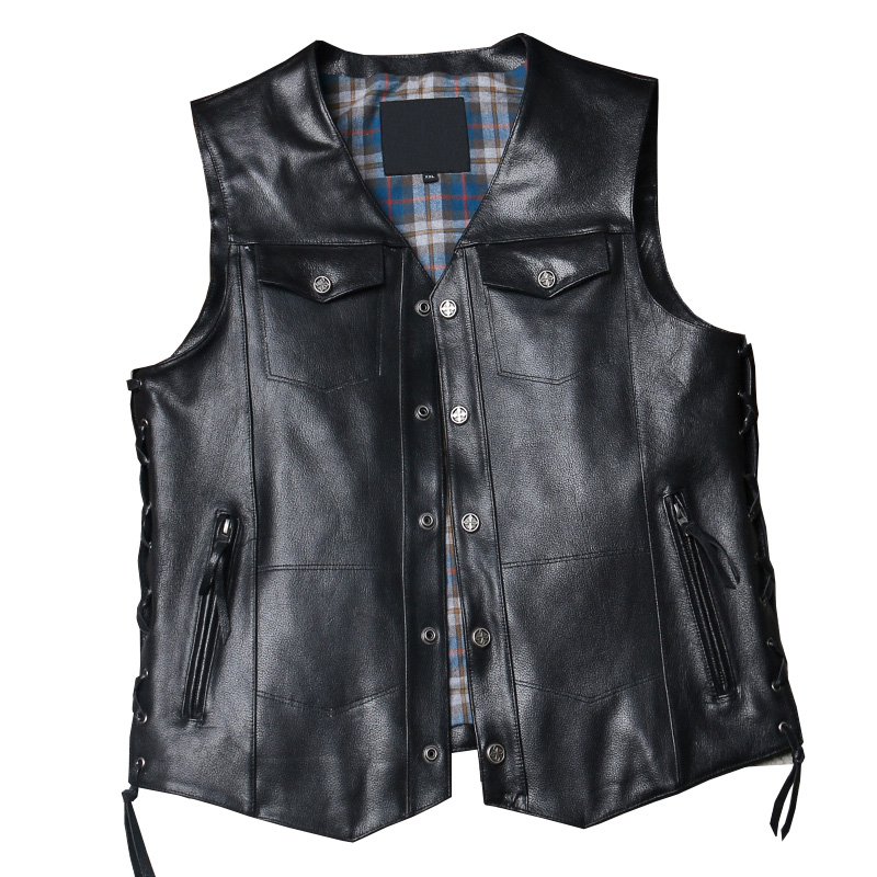 

Mens Motorcycle Biker Leather Vest Male Goatskin Genuine Leather Sleeveless Jackets V Neck Adjustable Black Sheepskin Waistcoat