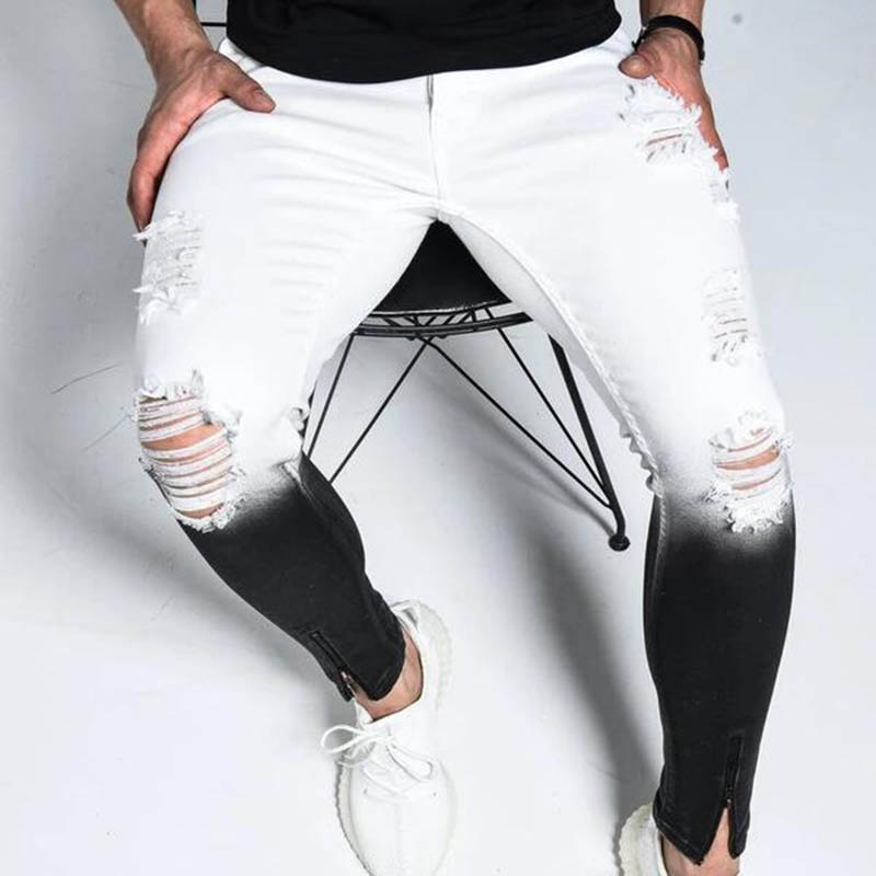 

AprilMoMo2020 European and American men's hole stretch elastic skinny jeans gradient color foot zipper trousers fashion popular, White