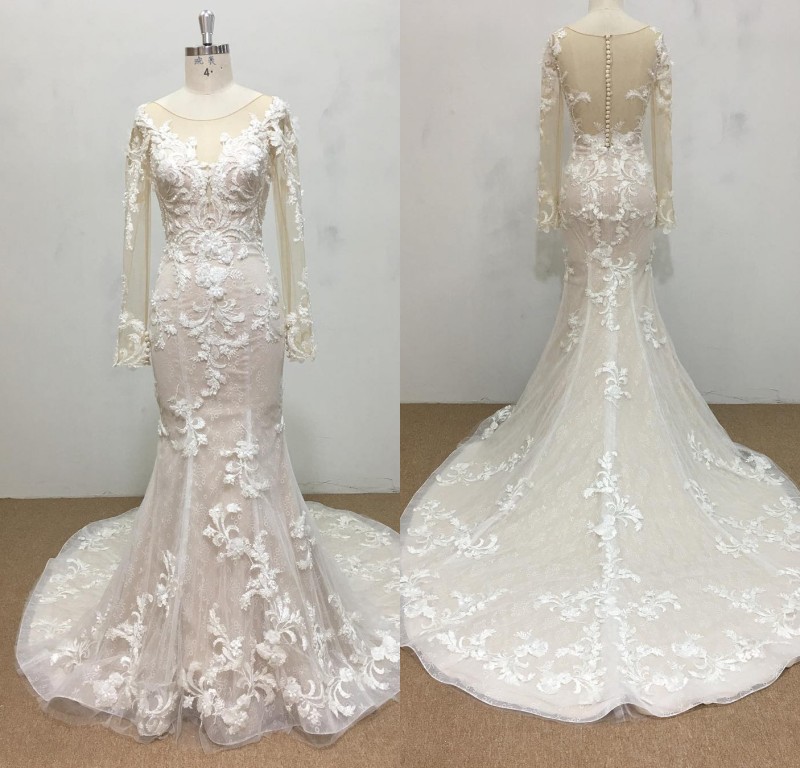 

Bohemian Mermaid Luxury Wedding Dresses Tulle Lace Applique Sequins Formal Dress Jewel Neck Long Sleeve Button Sweep Train Bridal Gowns, Water melon
