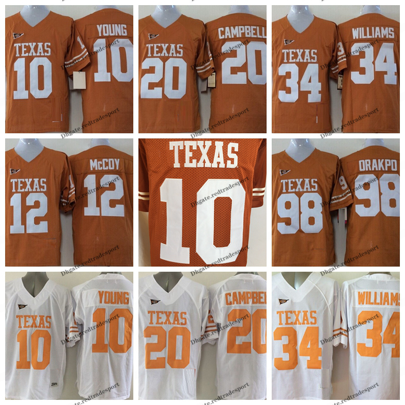 

Vintage Texas Longhorns College Football Jerseys 10 Vince Young 34 Ricky Williams 20 Earl Campbell 98 Brian Orakpo 12 Colt McCoy Shirt, Orange 20