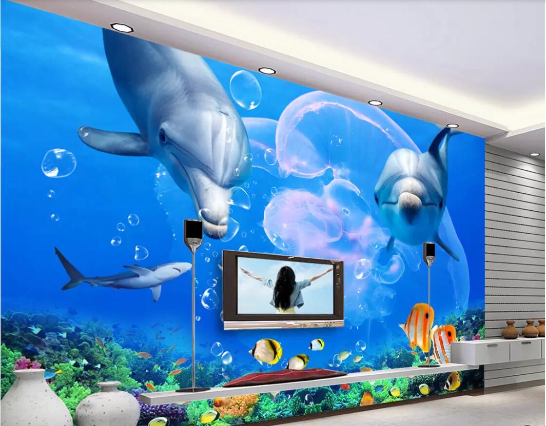 

3d wallpaper custom photo mural Dolphin great white shark underwater world TV background wall landscape 3d home improvement, Pictures show