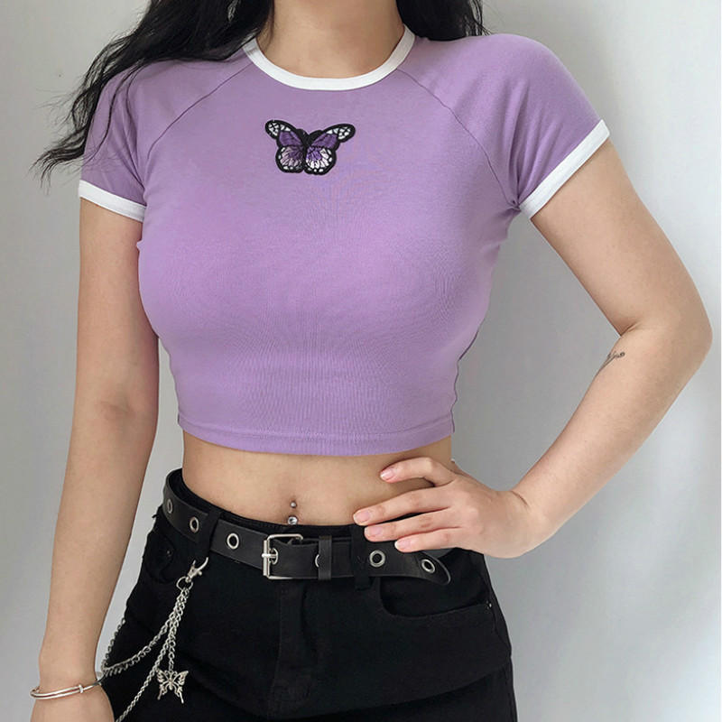

Purple Butterfly Embroidery T-Shirt Women O-neck Short Sleeve Crop Top Summer Casual Top Female Streetwear, A1