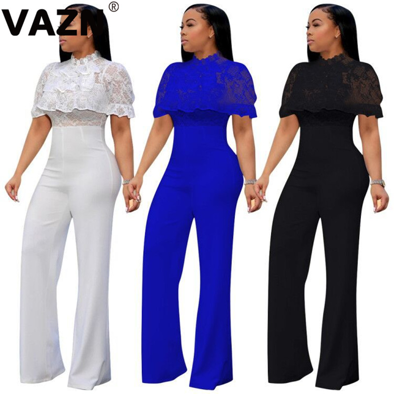 

VAZN Top design 2020 summer sexy lady 3 color ssolid long jumpsuit short sleeve zipper lace patchwork jumpsuit flare jumpsuits, Black