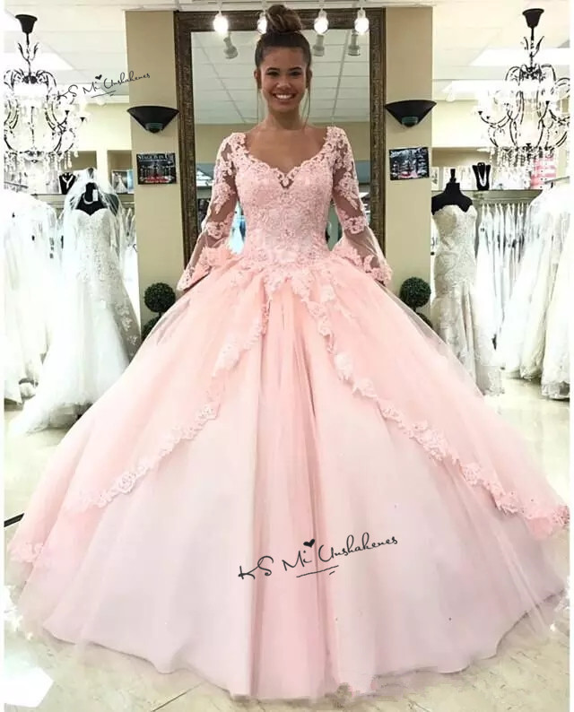 

Sweet 16 Dresses Flare Long Sleeve Lace Ball Gown Quinceanera Dresses 2020 Vestido de Debutante Para 15 anos Pink Floor Length Prom Dress, Champagne