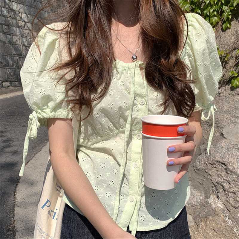 

Sweet Green Lace Shirt Women Fashion Adjustable Drawstring Embroidery Blouse Casual Summer Women Tops Kawaii Hollow Out Shirt