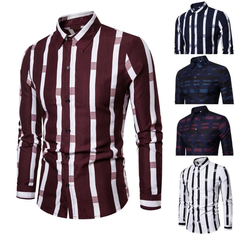 

Men Shirt Splicing Striped Business Shirts Leisure Retro Long-sleeved Shirt Top Turn-down Collar Blouse Plus Size Camisas Hombre, Rd