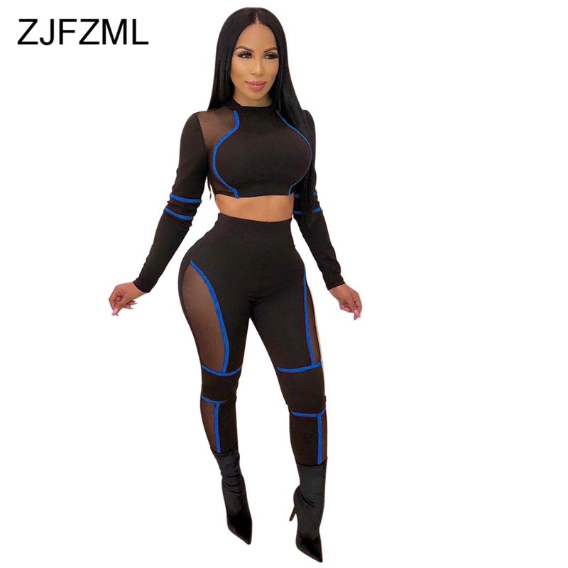 

Sexy 2 Piece Outfits For Women Sportswear Suits Long Sleeve Mesh Spliced Crop Top+See Through Fitness Pants Casual Matching Set, Red