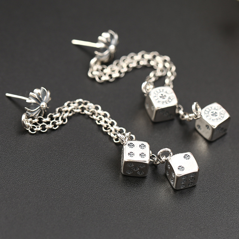 Hot new 925 sterling silver jewelry antique silver hand-made designer cross with dice charm stud earrings craps cute jewelry for gift