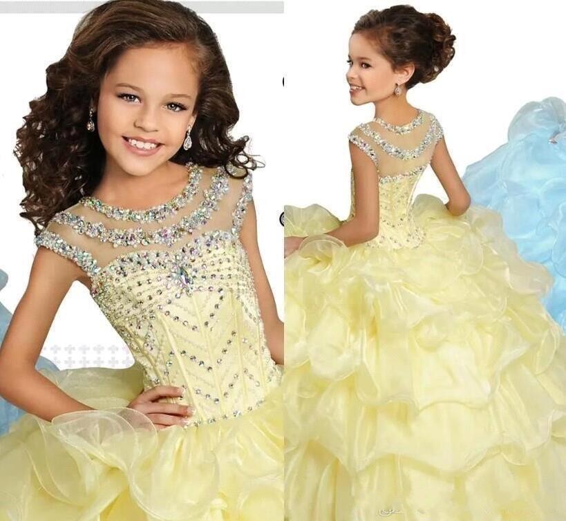

Light Yellow Princess Ball Gown Girls Pageant Gowns Cap Sleeves Crystals Beaded Ruffles Performance Dresses Kids Formal Party Gowns, Pink