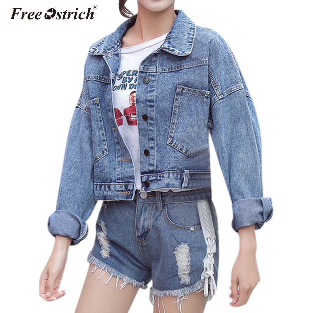 

Free Ostrich 2019 Solid Turn-down Collar Jean Jacket For Women Loose Casual Blue Women Coats Female Outwear Denim Feminine N30