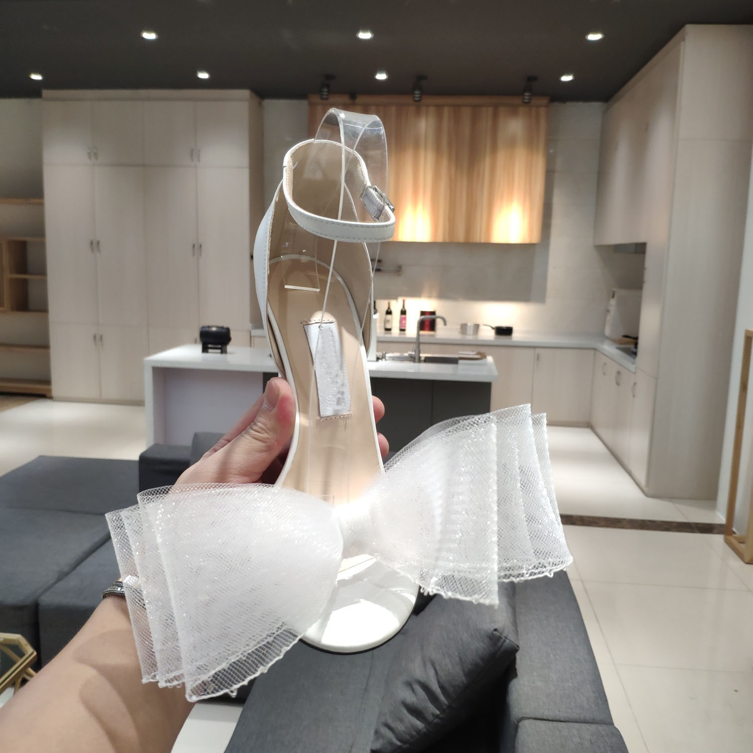 

Spring and autumn new mesh sandals, detachable bow heels, wedding banquet shoes, sizes 34-40, with box and dust bag, Black