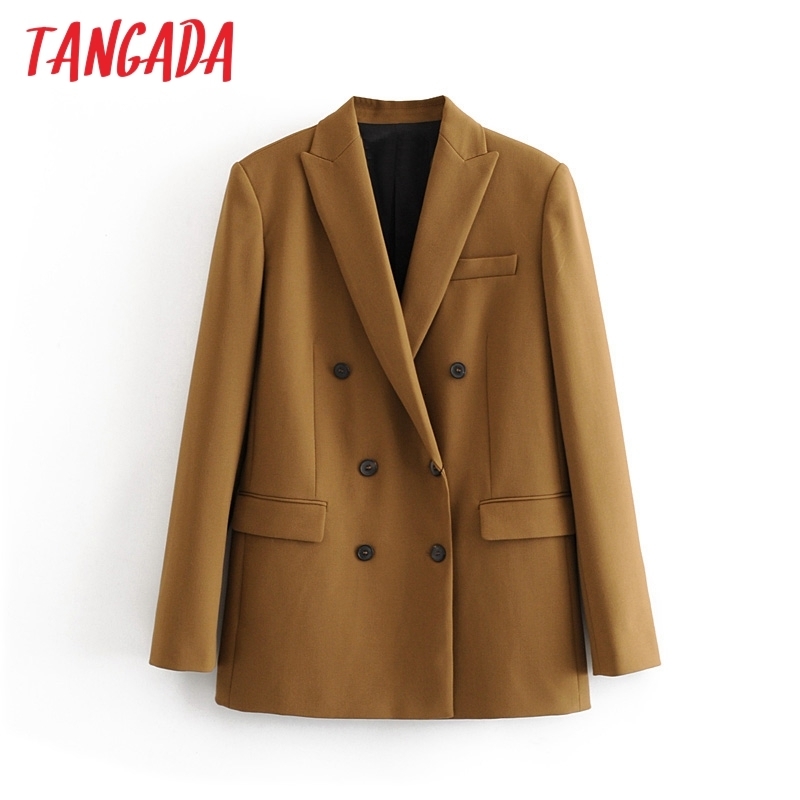 

Tangada women brown solid double breasted suit jacket designer office ladies blazer pockets work wear tops 3H42 CJ191130