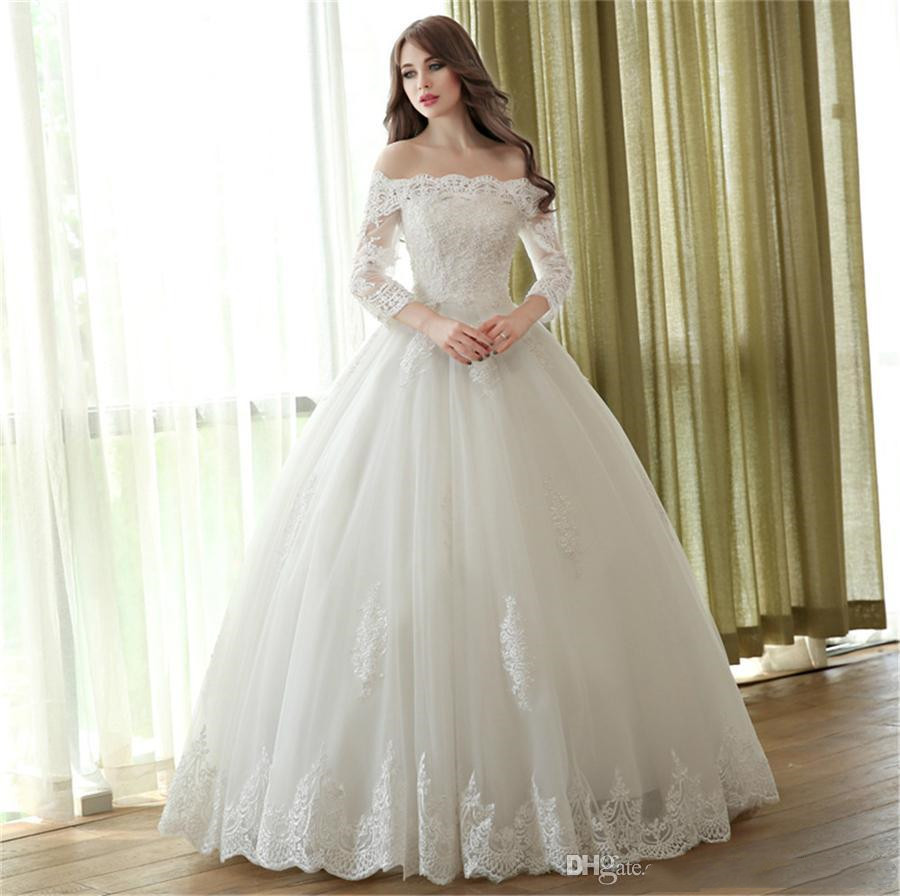 

Lace Ball Gown Off the Shoulder Wedding Dresses Boat Neck 3/4 Sleeve Custom Made Plus Size Bridal Gowns Best Quality BG032, White
