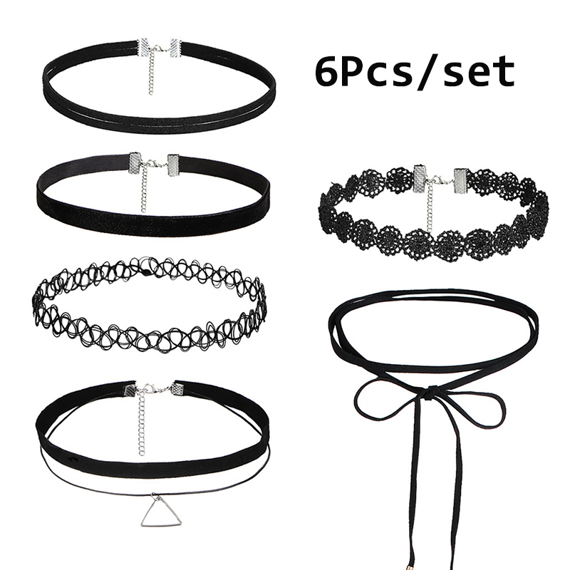 10Pcs//Set Femme Gothique Punk Dentelle Tour de cou col velours Tatouage Collier Noir