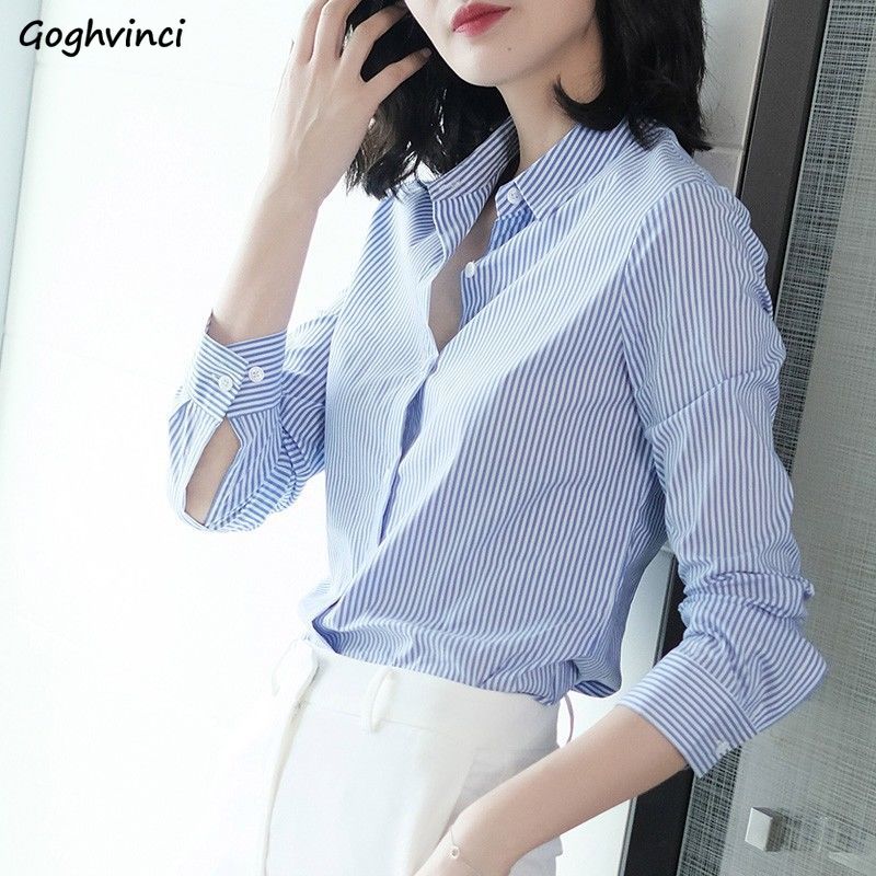 

Shirts Women Striped Single Breasted Side-slit Korean Fashion Casual Simple Womens Blouses Ins BF Stylish Office Wear New Daily, Black