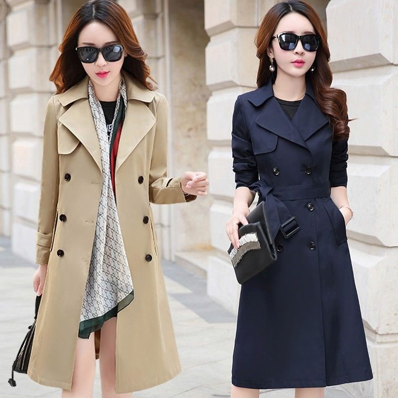 

2019 spring and autumn new ladies Korean fashion wild slim double-breasted long coat tide
