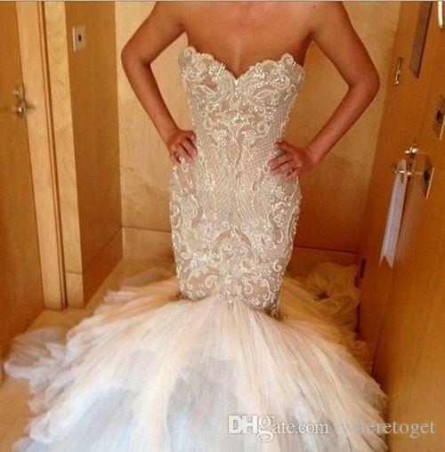 

Exquisite Lace Appliques Beads Sequin Mermaid Wedding Dresses Custom Made Plus Size Sweetheart Sweep Train Tulle Bridal Gowns, Ivory