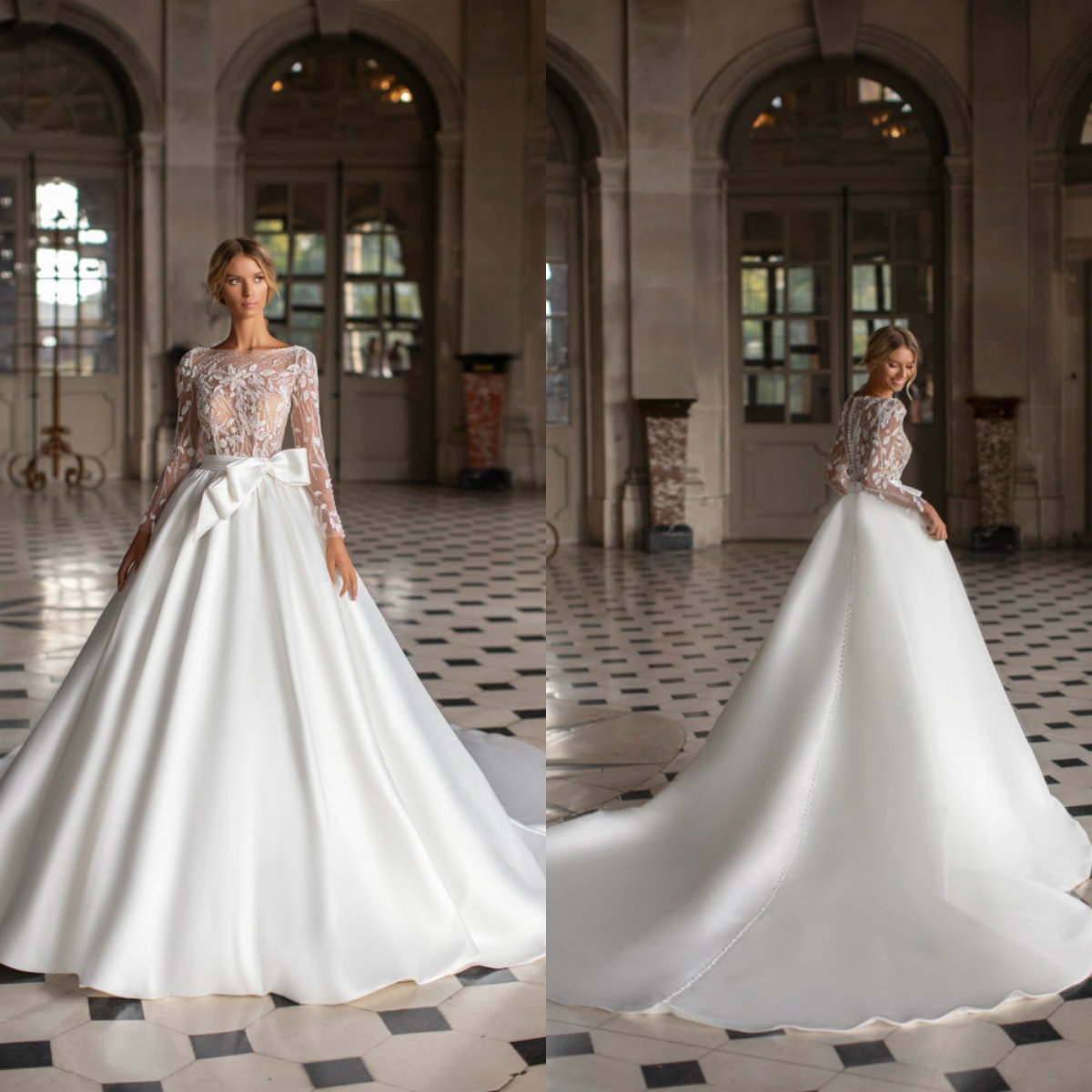 

Milla Nova 2021 Wedding Dresses Long Sleeves Lace Appliques Bridal Gowns Custom Made Button Back Sweep Train A-Line Wedding Dress, Silver