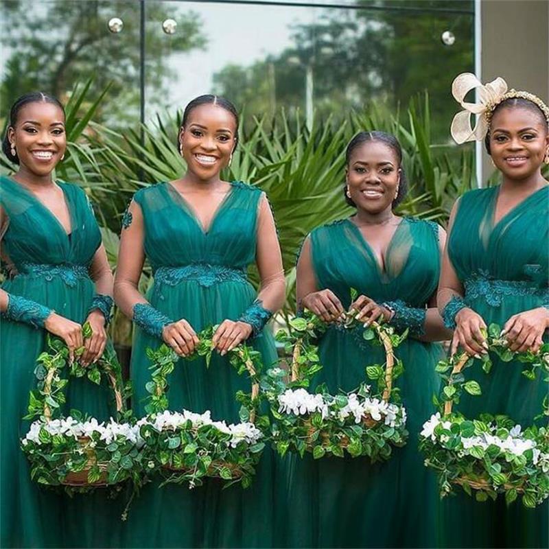 

Plus Size Green Bridesmaid Dresses for Weddings African V Neck Tulle Long Sleeve Evening Gowns Lace Appliques Beaded Maid of Honor Dress