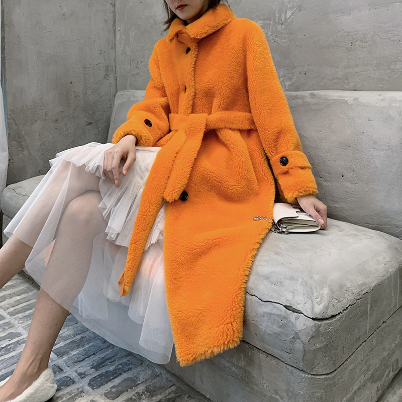 

Tcyeek Real Fur Coat Female Vintage Long Sheep Shearing Jacket Women Clothes 2019 Korean Fashion 100% Wool Coat Top Hiver 107110, Orange