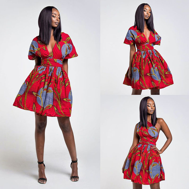 

African Ankara Print Multi Way Wrap Dress Womens Infinity Dress Convertable One Shoulder V Cut Neck Clothes Midi Dress For Lady, Gray