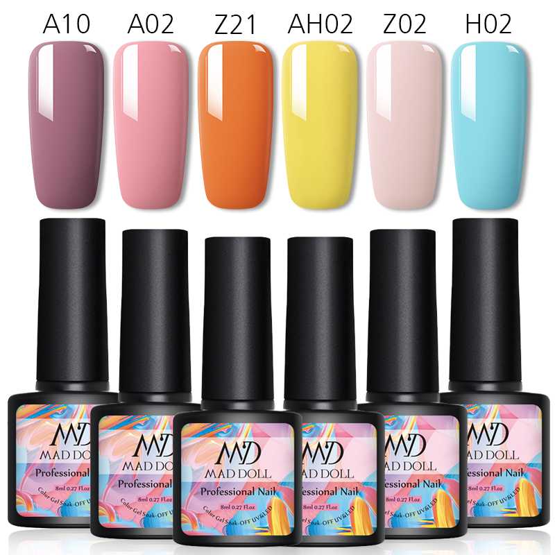 

MAD DOLL Gel Nail Polish 6PCS/Set Hybrid Varnish Semi Permanent UV LED Base Top Coat For Nail Art Manicuring Gel Polish Set, Set6