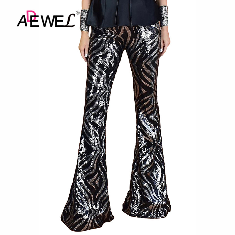 

ADEWEL Silver Patchwork Flare Sequin Pants Women Party Glitter Wide Leg Trousers Sexy Nightclub Shiny High Waist Flare Pants, Sliver