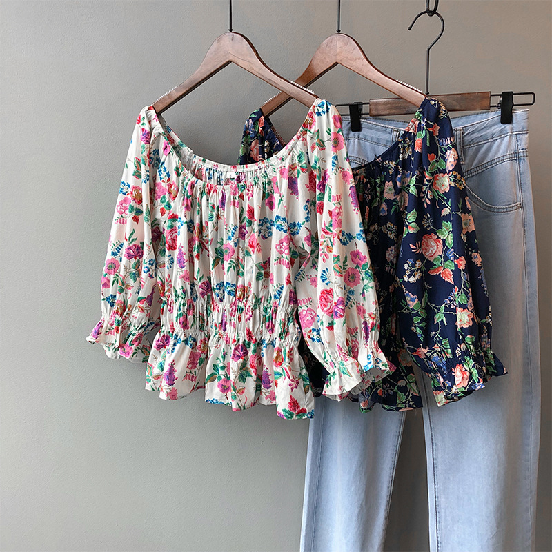 

Fashion Printed Blouses Female Boat Neck Flat Shouder Tops Summer Elastic Waist Bubble Sleeve Floral Shirt Blouse For Women 2020, Blue