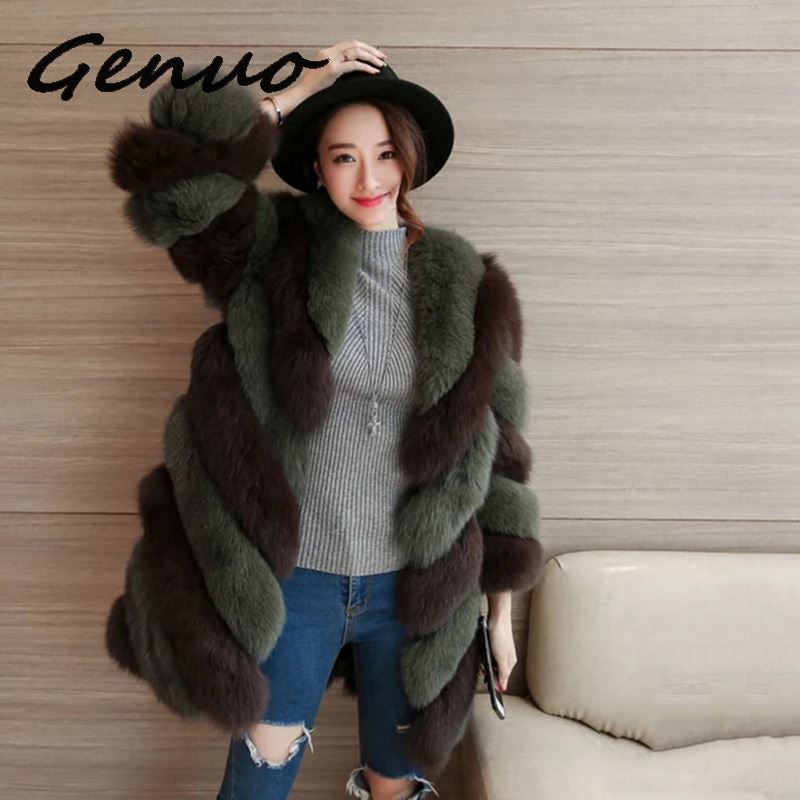 

Genuo Faux Fur Coat Autumn Winter Women 2019 Fashion Casual Warm Slim Spliced Long Faux Fox Fur pocket winter coat Jacket, Blue