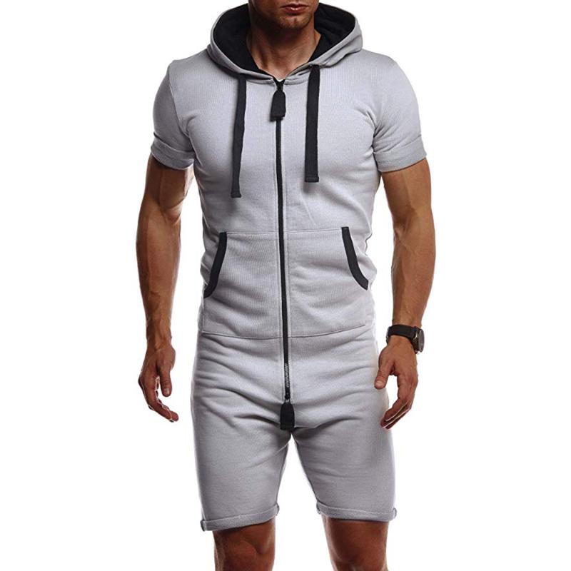 

DIHOPE Summer Men Short Jumpsuit Short Sleeve Zipper Hooded Solid Mens Tracksuit Sets One Piece Overalls Sets Fashion Sportwear, Black