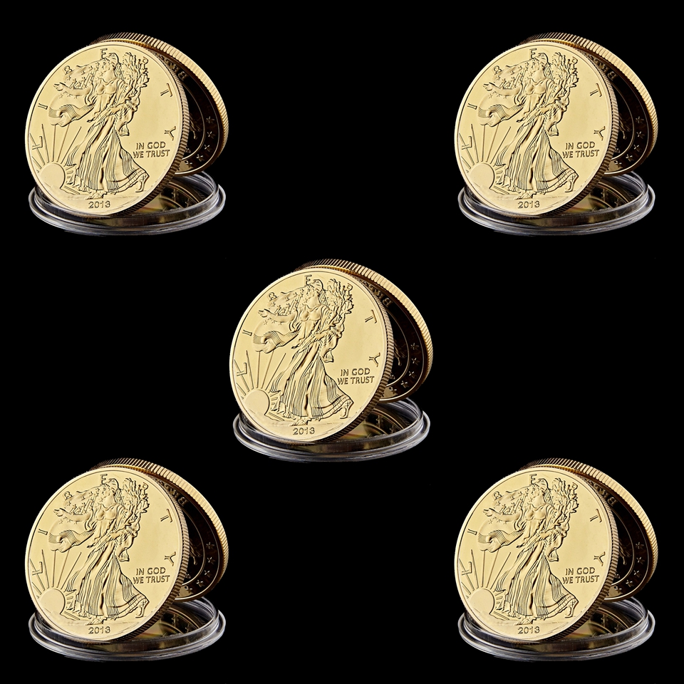 5pcs 2013 Status Of Liberty In God We Trust Gold Plated Craft 100 Mills 999 Fine Memorial US Eagle Souvenir Coin-image-523516287