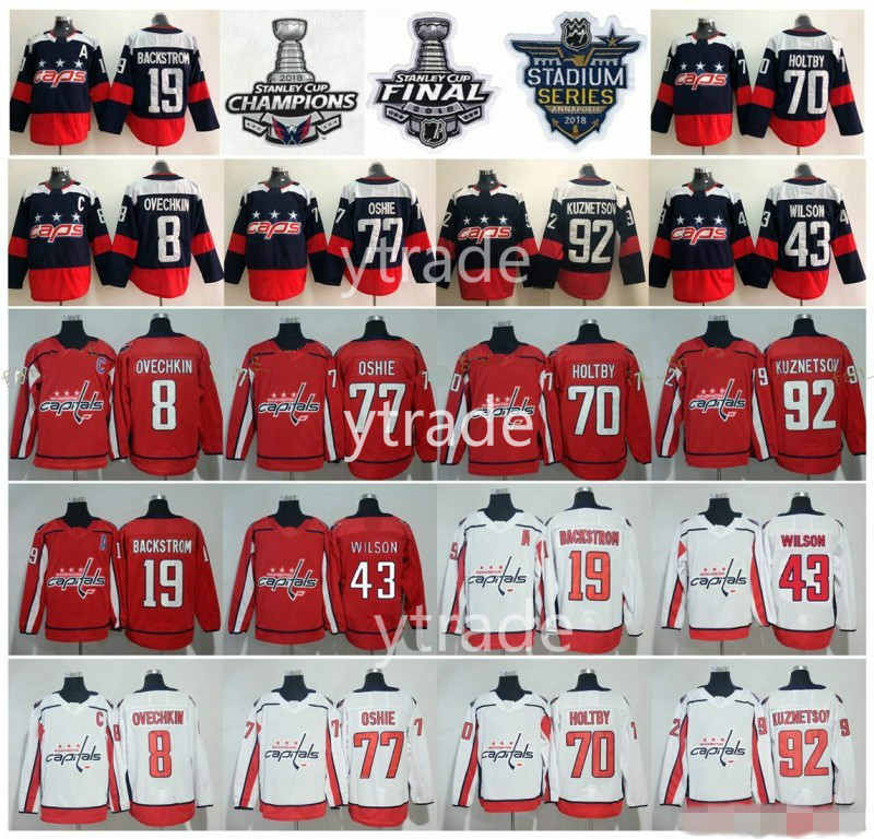 

2018 Stanley Cup Champions Washington Capitals Alex Ovechkin TJ Oshie Braden Holtby Nicklas Backstrom Wilson Evgeny Kuznetsov Hockey Jersey, White final patch