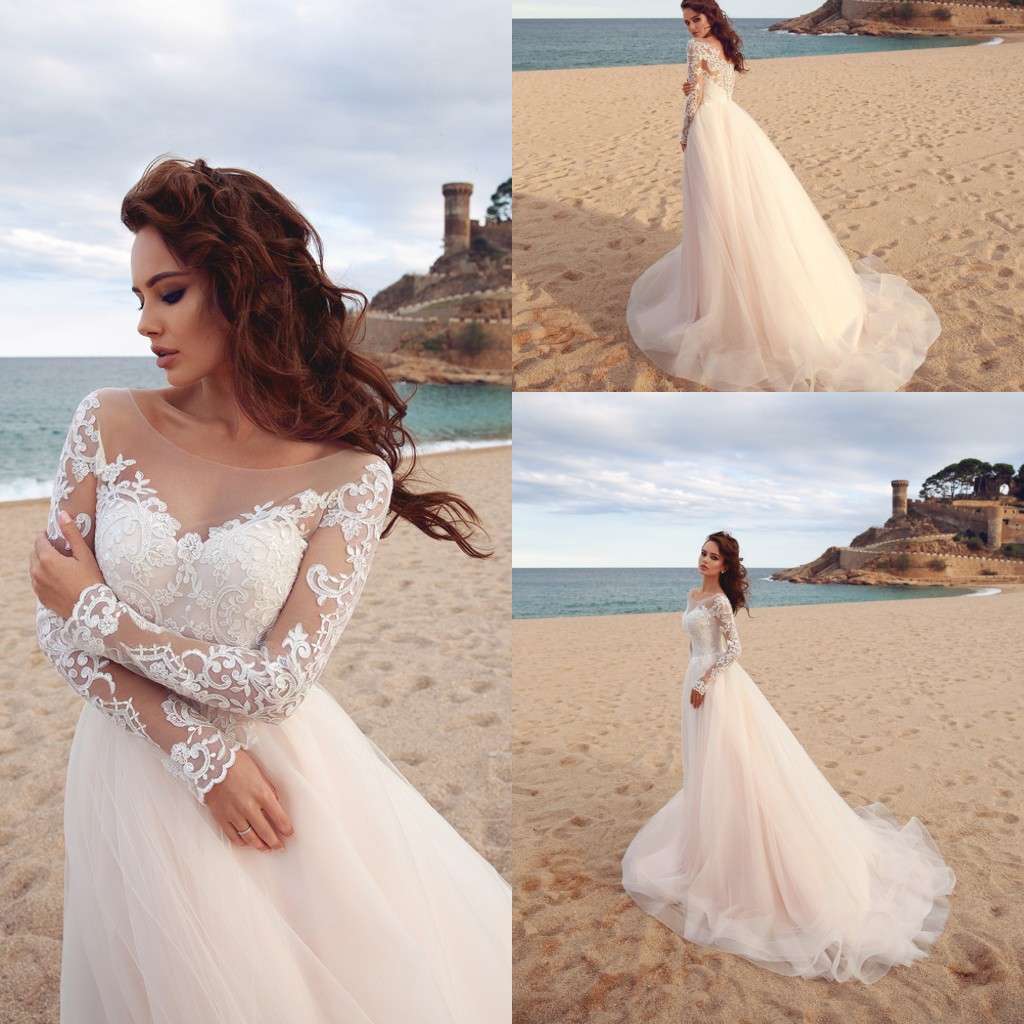 

Elegant Lace Appliques A-Line Wedding Dresses 2020 Sheer Scoop Long Sleeves Tulle Boho Wedding Gowns Vestido De Novia Beach Wedding Dresses, Champagne