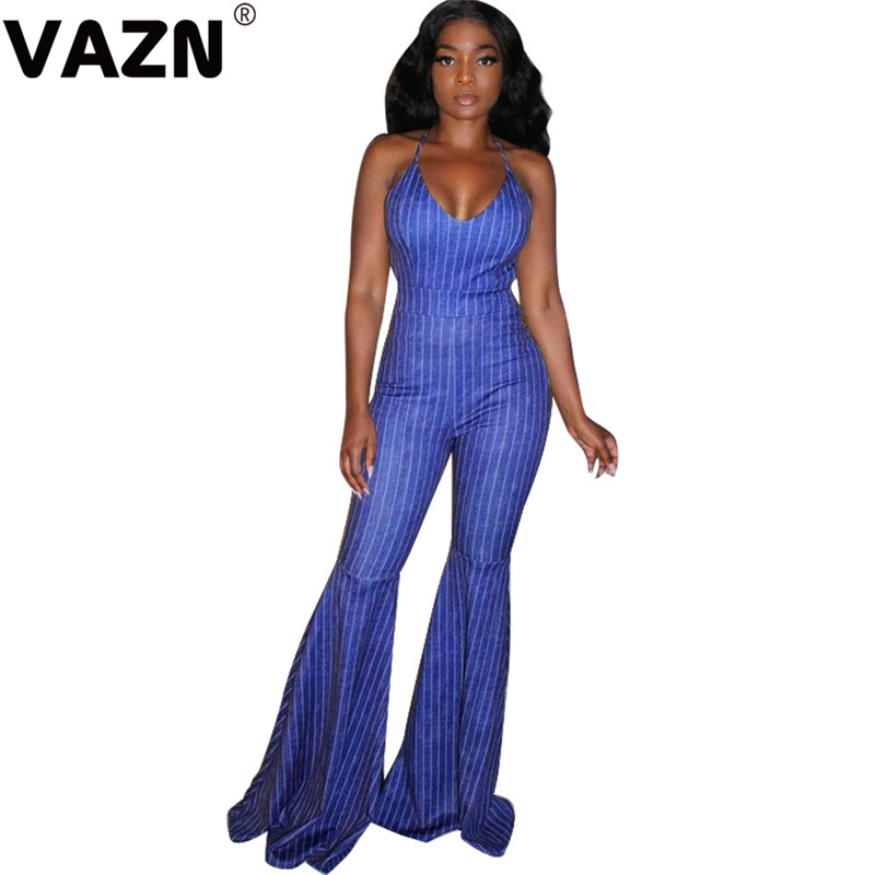 

VAZN Hot 2020 Elegant Women Holiday Striped Office Rompers Womens Jumpsuit Sexy Fashion Sleeveless Long Wide Leg Jumpsuits, Blue