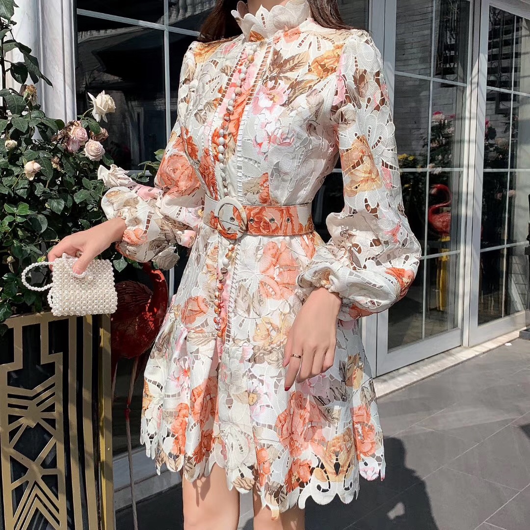 

2020 A Line Red Embroidery Hollow Out Lace Dress Women Ruffles Stand Collar Lantern Sleeve Single-Breasted Sashes Mermaid Short Party Dress, Same as picture