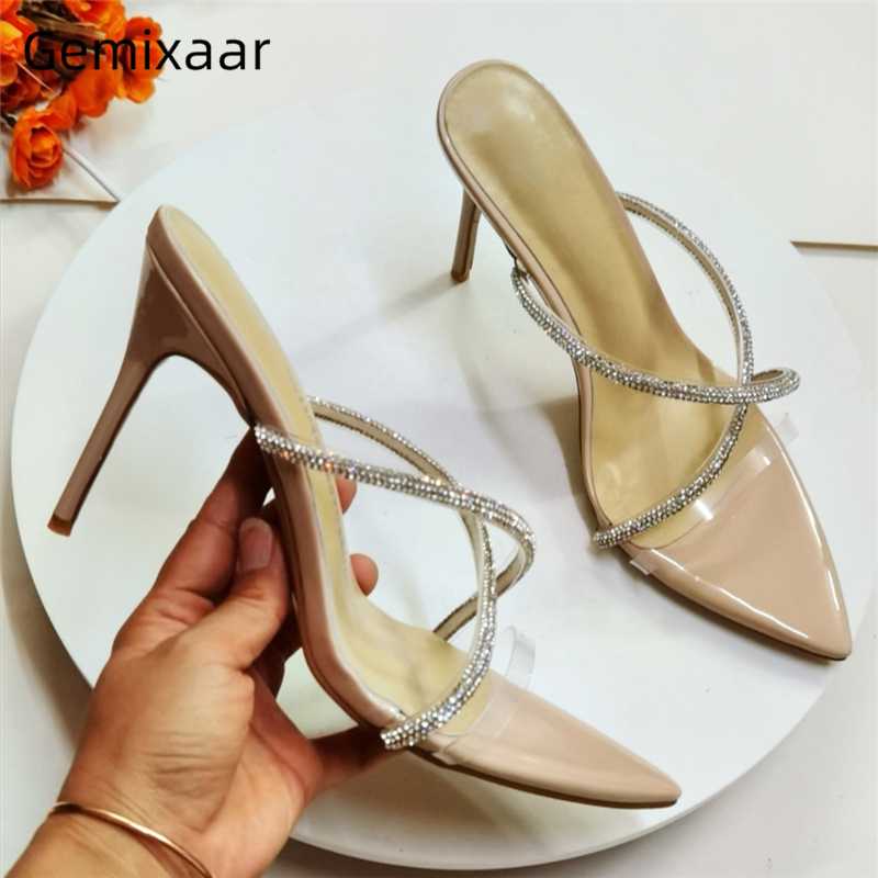 

Sexy Summer 2020 Narrow Band Runway Shoes Woman Stiletto Heel Point Toe PVC Transparent Rhinestone Crystal Slippers Women, Apricot