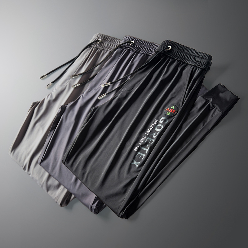 

Summer New Ultra-Thin Silky Quick-Drying Track Pants Men Slim Elastic Waist Embroidery Drawstring Outdoor Pants Large size 5XL, Black