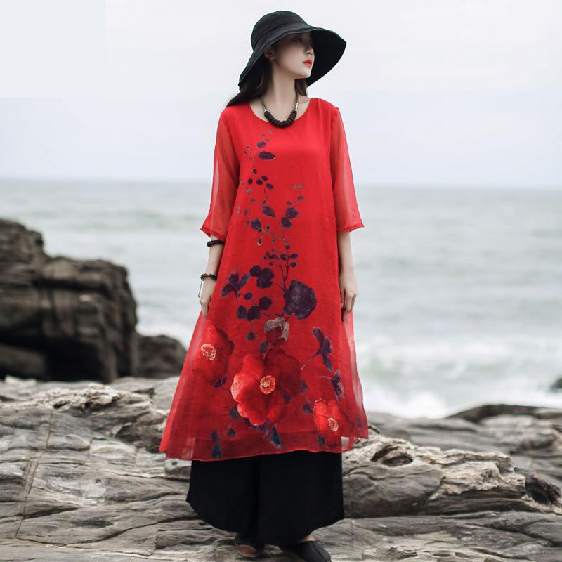 

Johnature Vintage Loose Print Dresses Three Quarter Sleeve O-neck 2020 New Autumn Clothes Flower Comfortable Women Dress, Black