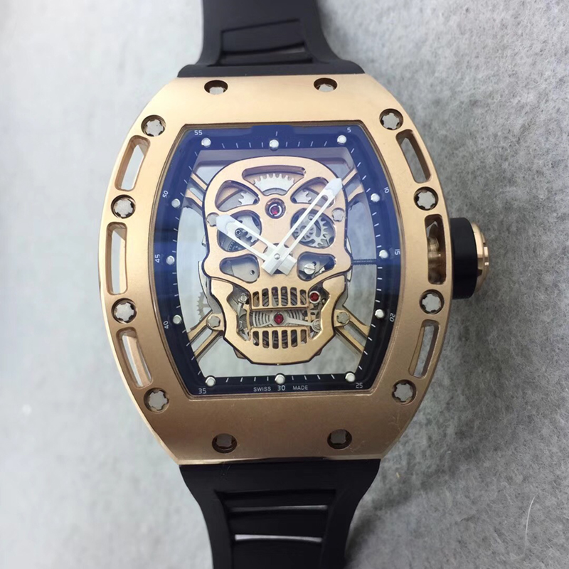 Luxury Richard rm052 Japanese mechanical movement Black Skull dial glass back men's fashion watch black rubber 18k rose gold-image-532029044