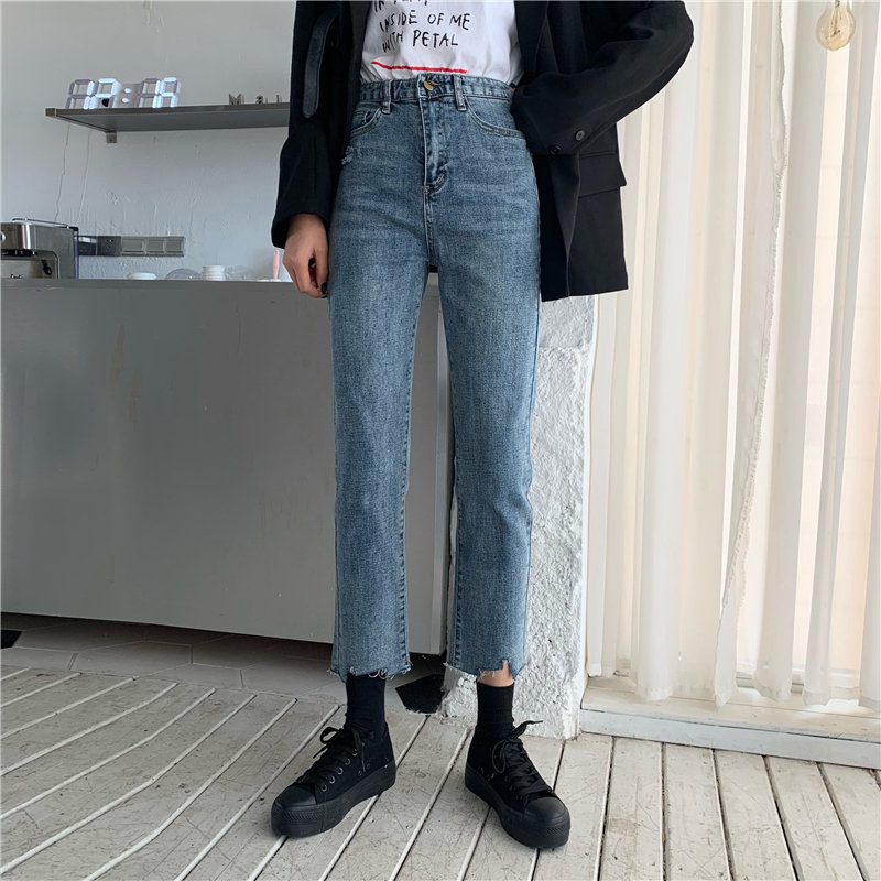 

High Waist Fresh Jeans Hot Denim Pants Fashion Light Plus Fashion Stylish Women Irregular Straight Loose Elastic Casual Button, Blue