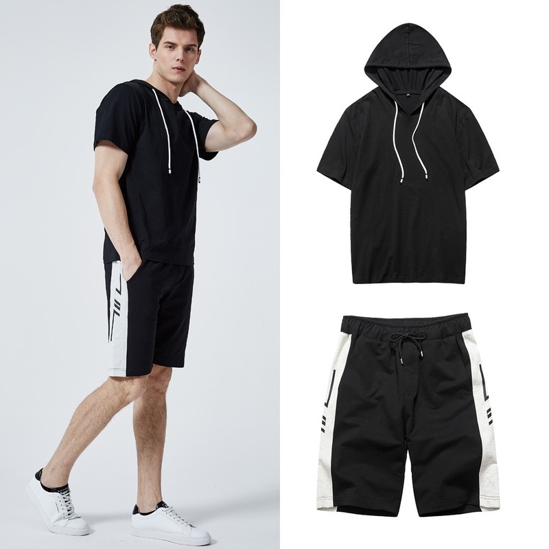 

Men's Two-piece Suit 2020 Summer New Sweatsuit Men's Short-sleeved Trend Hooded Casual Short-sleeved Shorts Suit, Black black