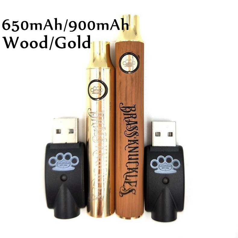 

Brass Knuckles Vape Battery 650mAh Gold 900mAh Wooden Variable Voltage Vape Pen With USB Charger in Gift Box For 510 Thread Vape Cartridges