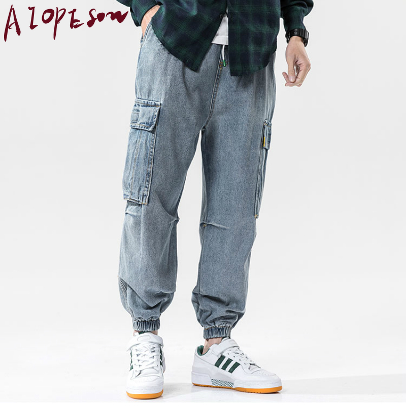 

AIOPESON New Jeans Mens Fashion Loose Beam Feet Function Retro Trend Street Hip Hop Stitching Pants Mens Clothing Tooling, Blue